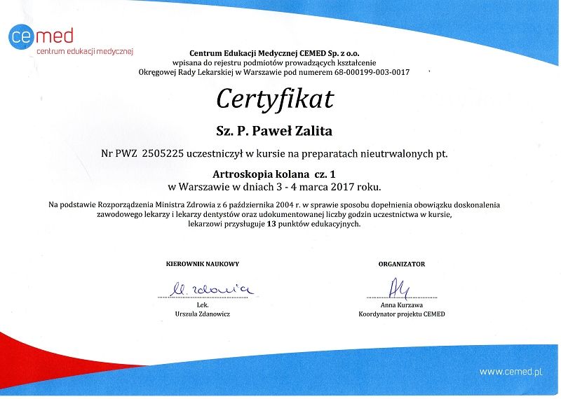 Haluksy: Certyfikat Dr n. med. Paweł Zalita